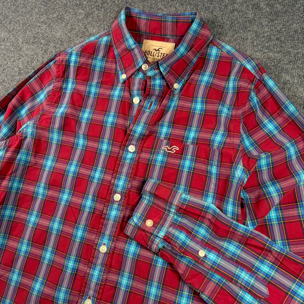 Hollister Button Down Shirt Mens Large Red Blue Plaid Long Sleeve Cotton Logo